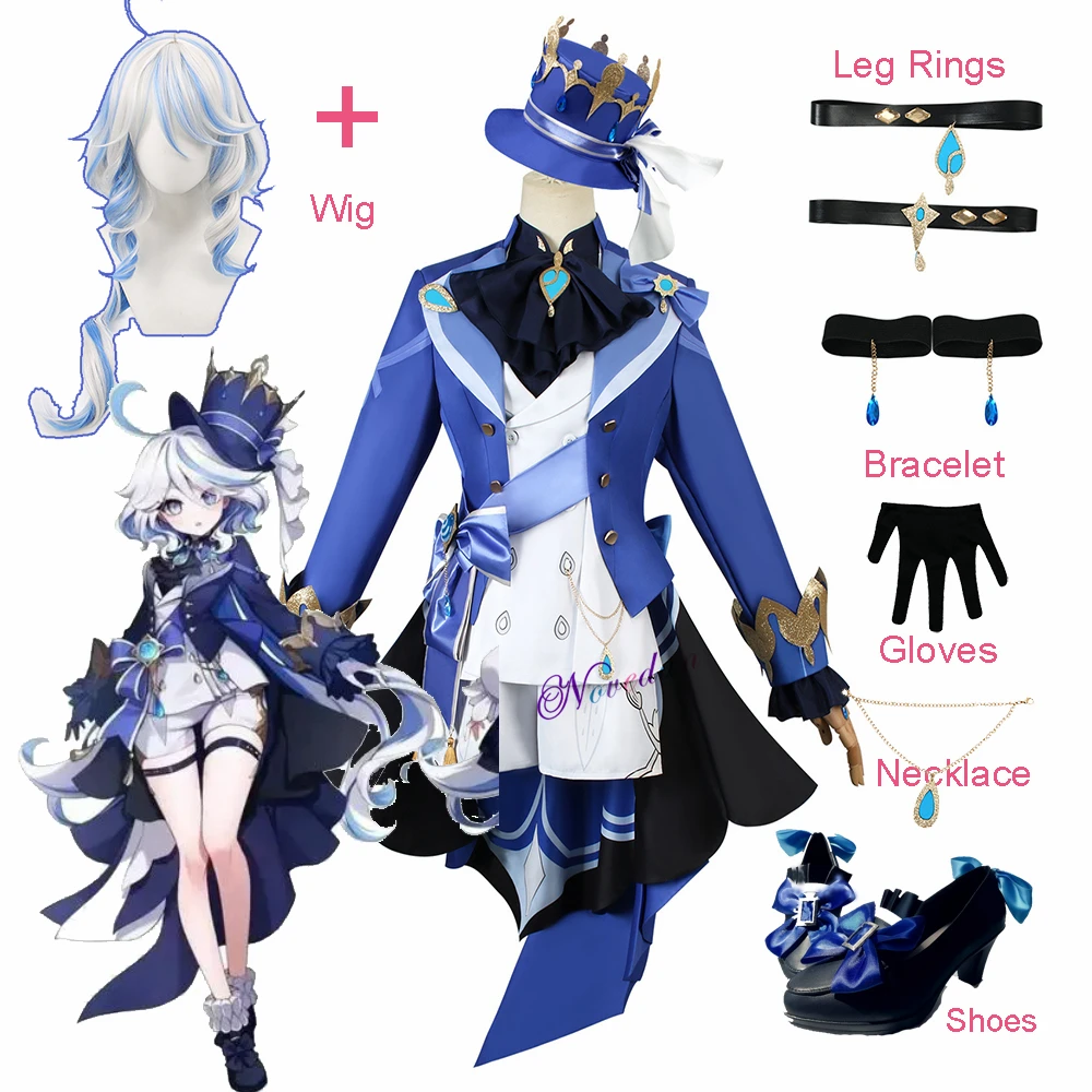 Furina Focalors Cosplay Kostuum Anime Fontaine Ousia Pneuma Furiina Hydro God Archon Volledige Set Uniform Schoenen Pruik