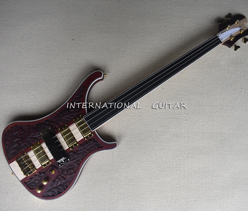 4 Strings Fretless Neck-thru-body Electric Bass Guitar with Sculpture Body,Rosewood Fretboard