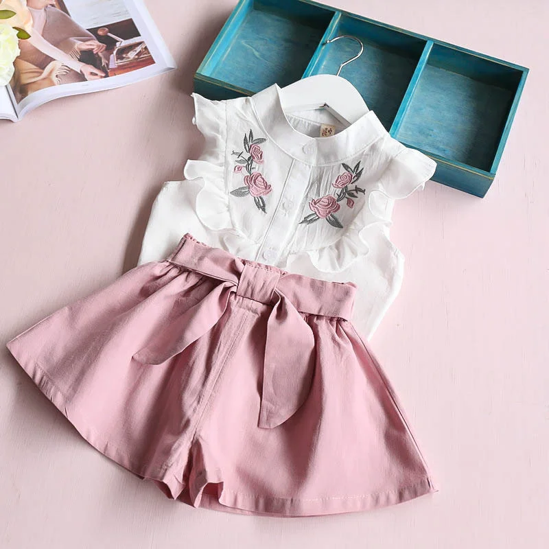 Fashion Girls Clothes Sets 2020 Summer Sleeve Flower Embrioderied Top+Bow Skirt 2 Piece Kids Children's Clothing Girl Suit