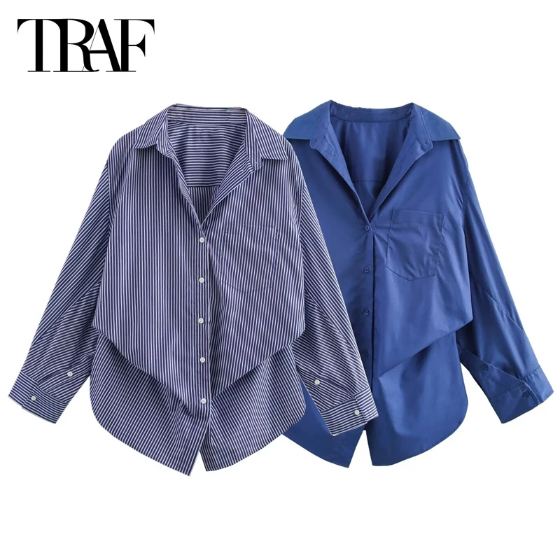 TRAF Women Shirts Striped Blue Blouse Shirts & Blouses Autumn Spring Ruffled Batwing Sleeves Oversized Shirt Frill Loose Blouse