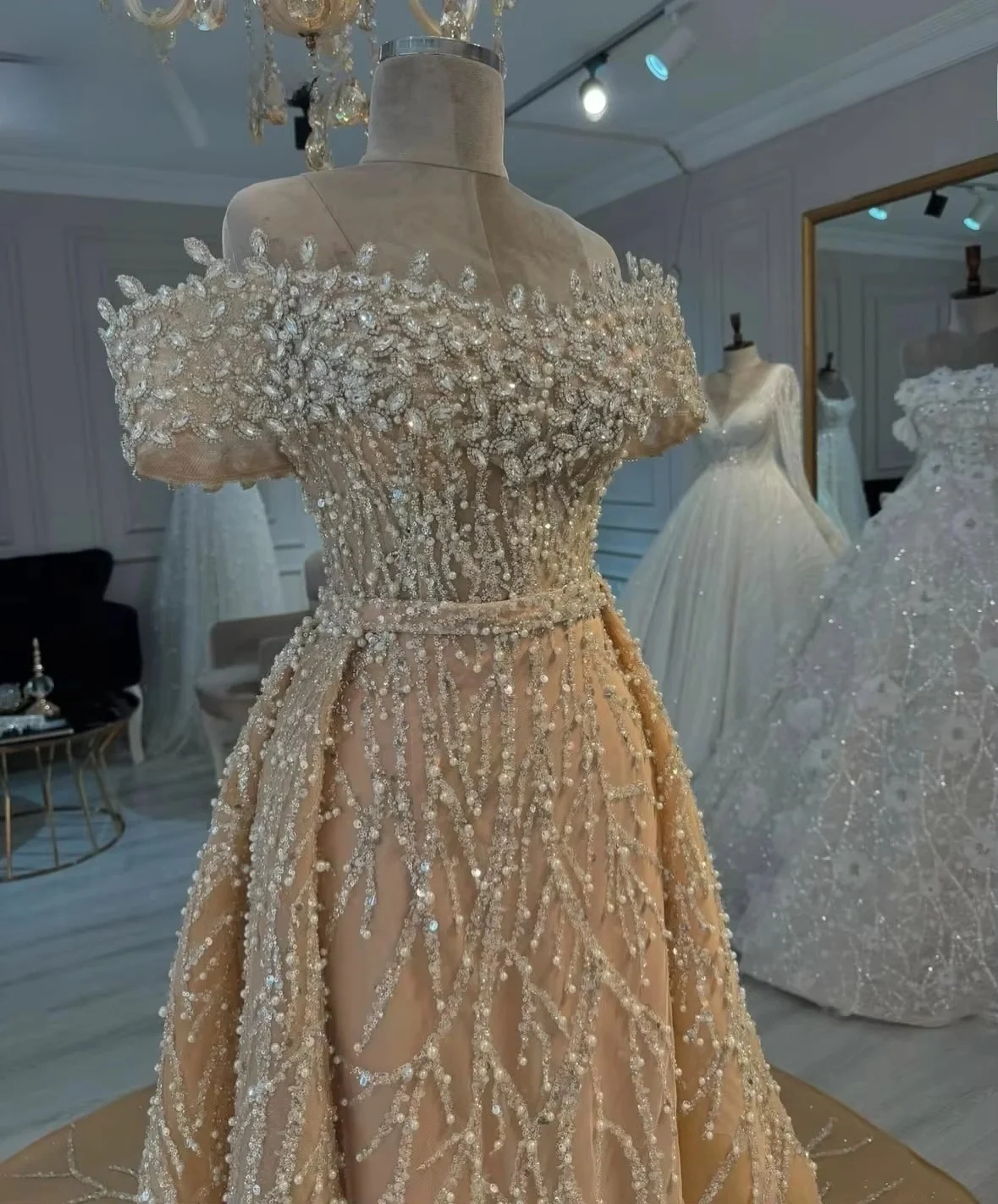 Two Pieces Champagne Evening Dresses With Detachable Train Strapless Off Shoulder Celebrity Dresses Party Dresses Customized