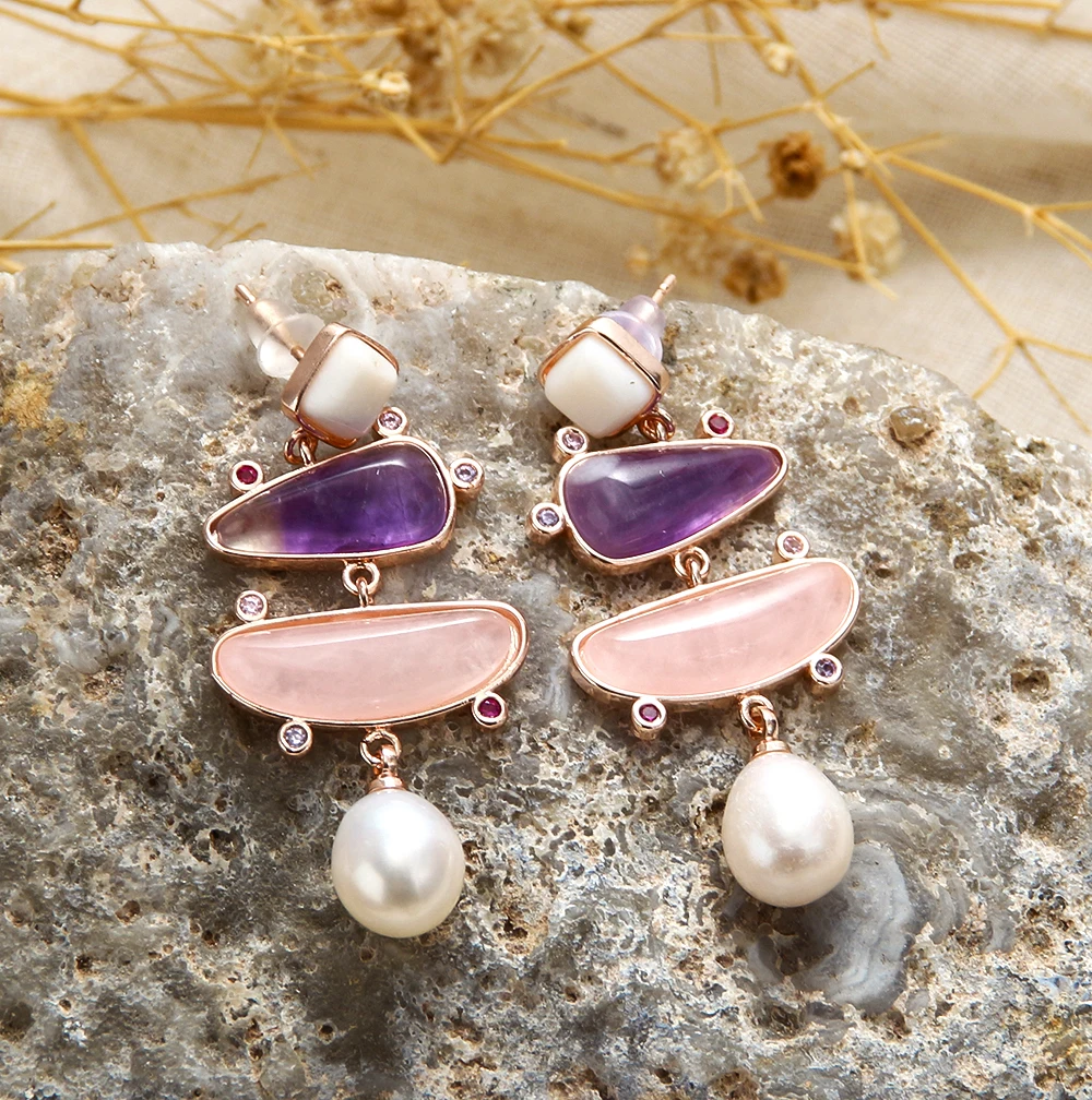 Luxury Women French style Elegant Irregular Pearl Earrings, Pink&Purple Radish Natural Stone Earrings