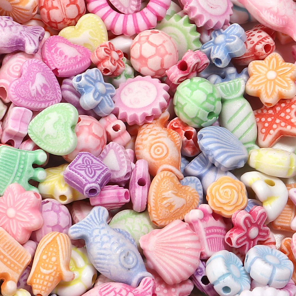 200pcs/lot Multiple Styles Plastic Beads Cat Flower Star Fish Shell Beads Loose Spacer Beads For Jewelry Making DIY Accessories