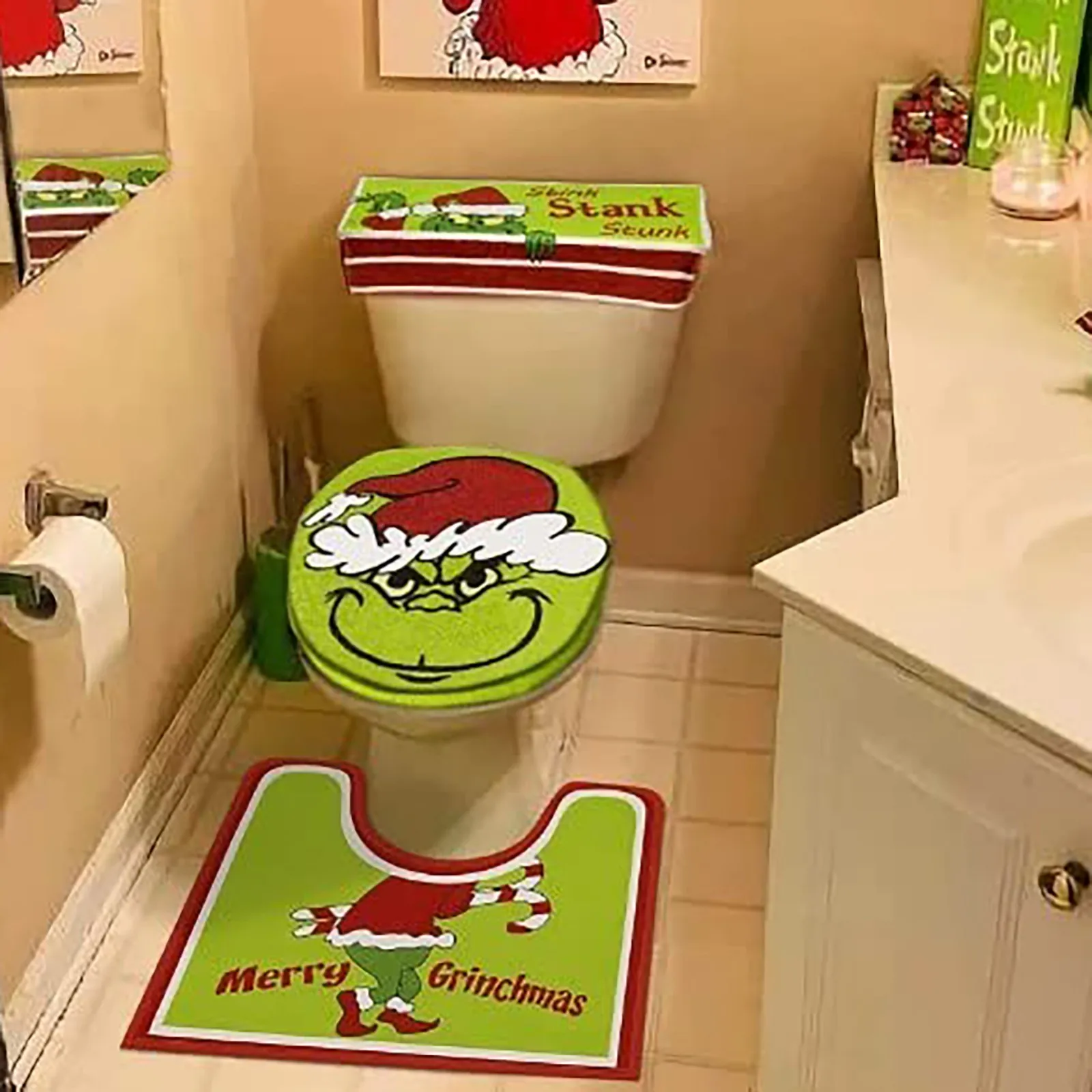 New Christmas Toilet Cover Christmas Decoration Set Seat Cushion Toilet Seat Foot Pad Bathroom Creative Decoration Decoration