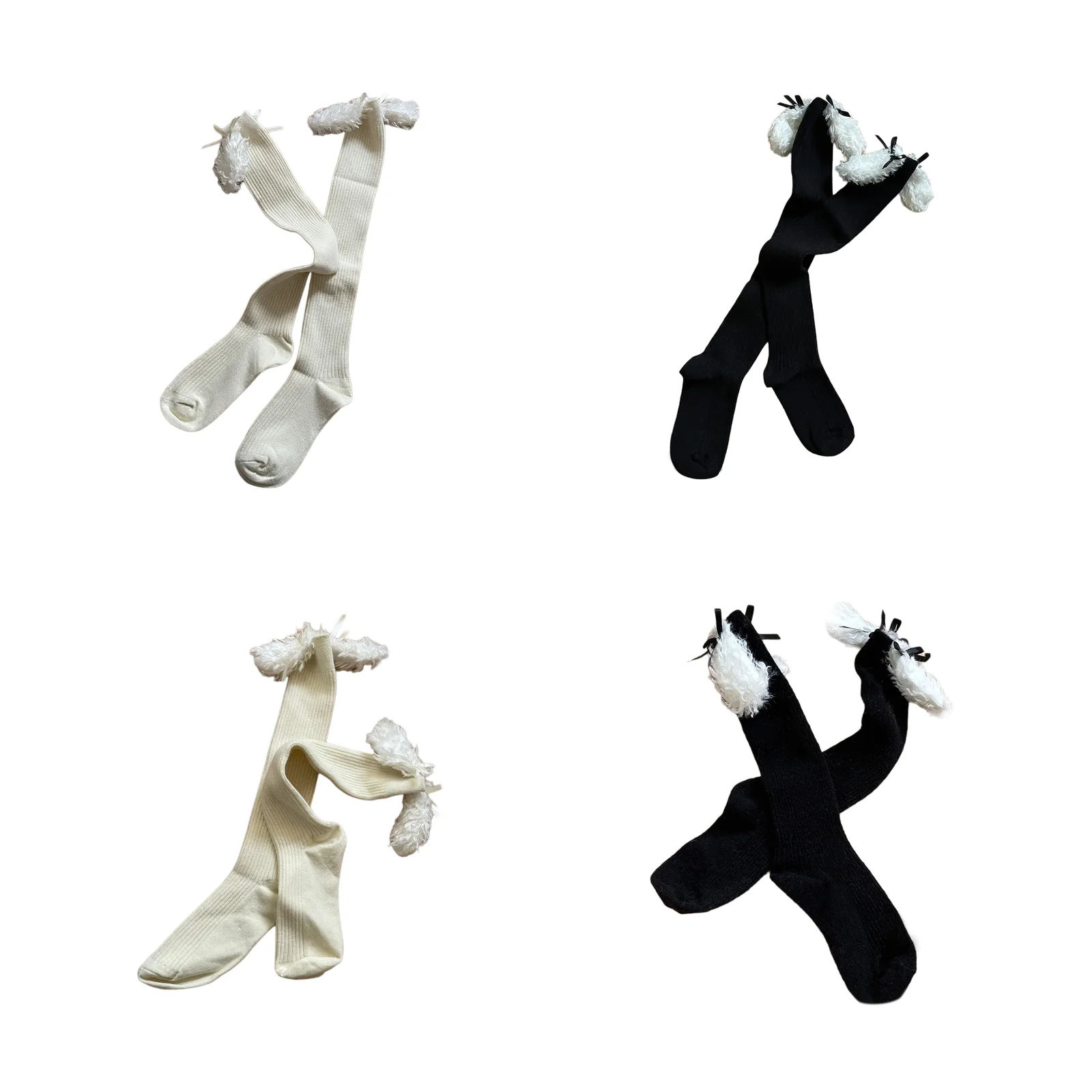 

Curly big ear bow Lolita mid-calf socks combination set (white knee-high + black knee-high + white + black 1 pair each)