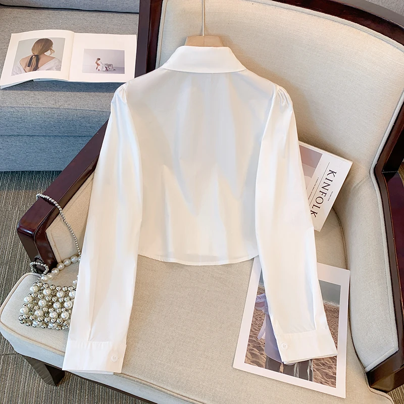 High Quality Autumn Spring White Cotton Shirt Tops Fashion Women Lapel Diamonds Ruffles Long Sleeve Office Ladies Short Blouses