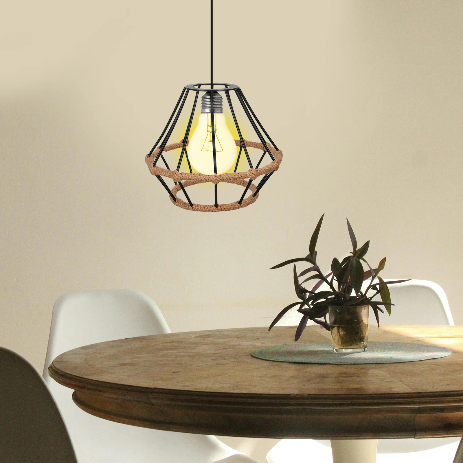 

Iron Frame Paper Rope Handwoven Lampshade E27 Pendant Light Shade Rustic Farmhouse Vintage Hollow Out Design for Living Room