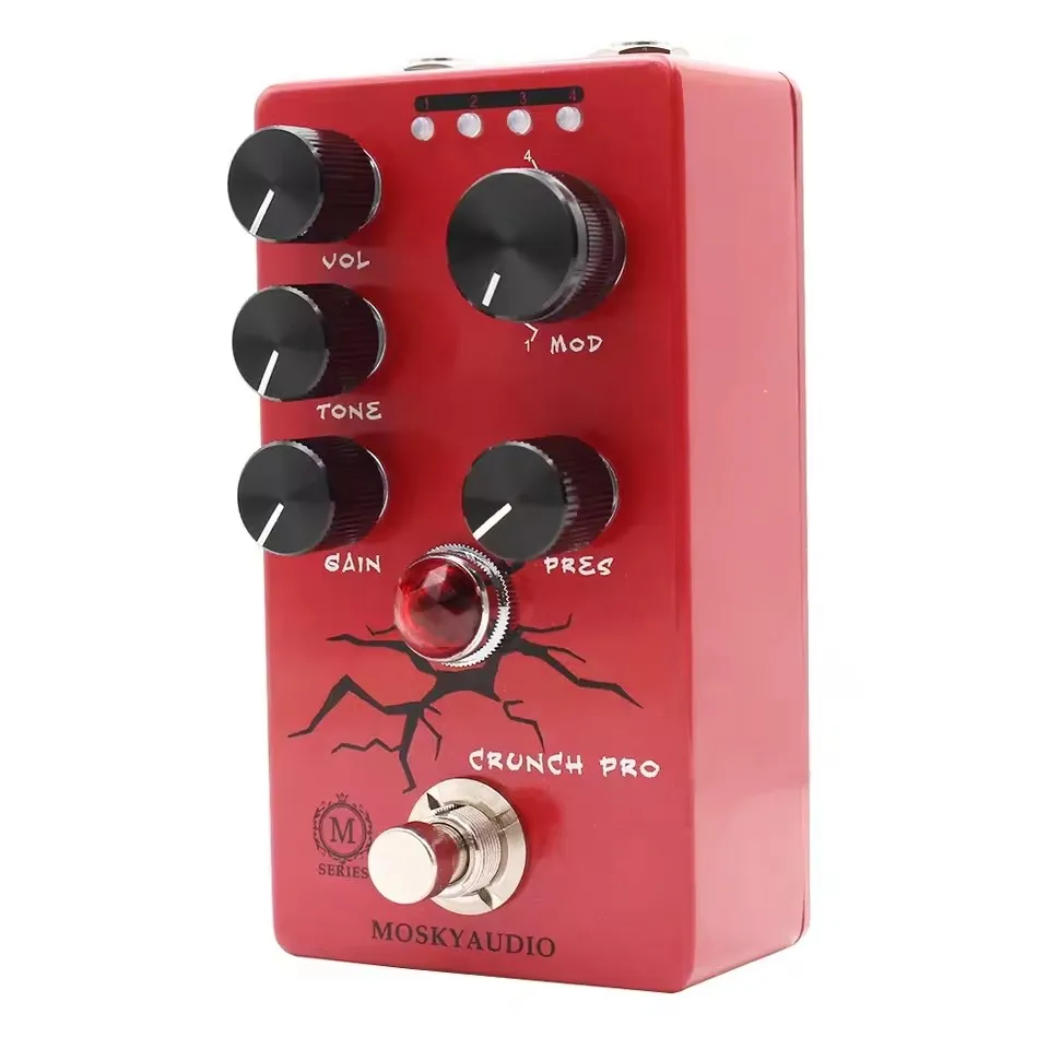 Mosky Pedal de guitarra de distorsión Crunch Pro 4 modos con VOL, TONO, GAIN, botón PRES, Pedal de efecto de distorsión Crunch