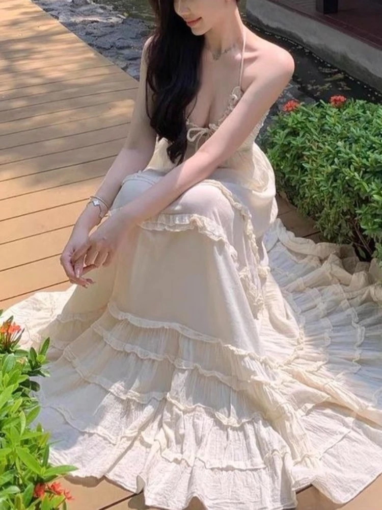 

Sexy Backless Long Strap Dress Women 2025 Summer Ruffles Designer Korean Fairy Dress Female Casual Fashion Evening Beach Dress