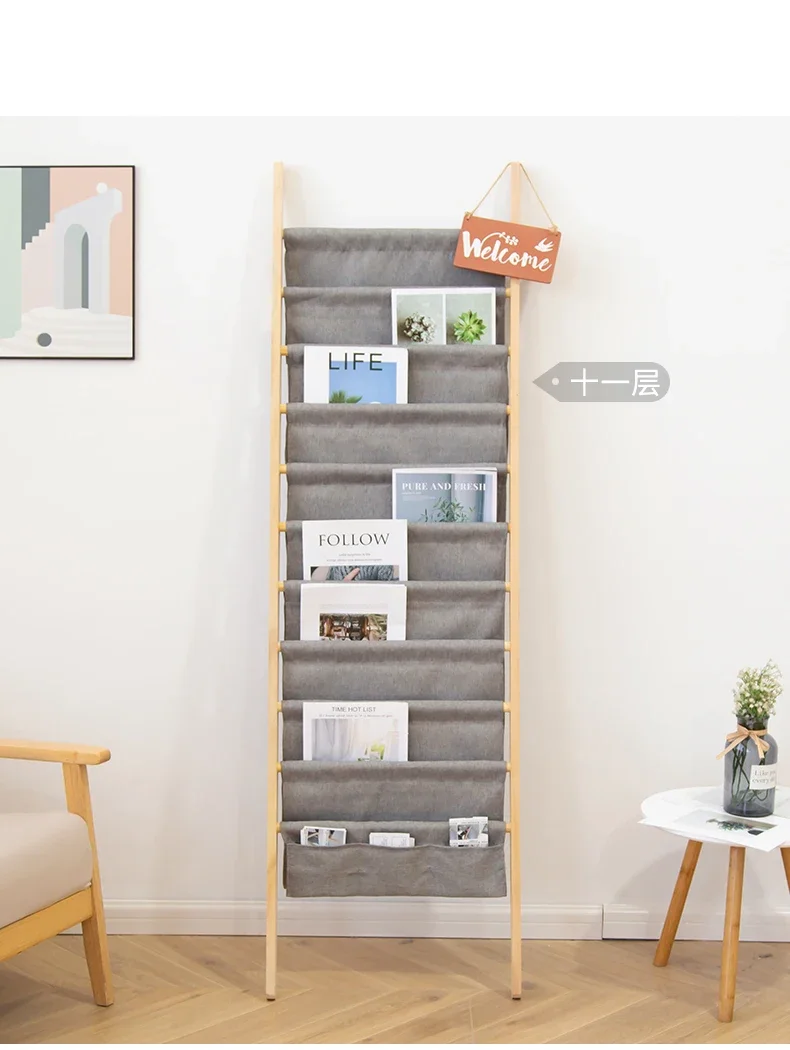 Internet celebrity magazine rack Floor-to-ceiling newspaper rack Against the wall Book display rack ins Solid wood