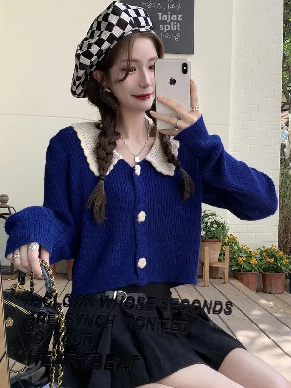 plus Size Women's Klein Blue Doll Collar Knitted Open Cardigan Sweet Soft Lazy Gentle Sweater Short Style Long Sleeve Autumn New