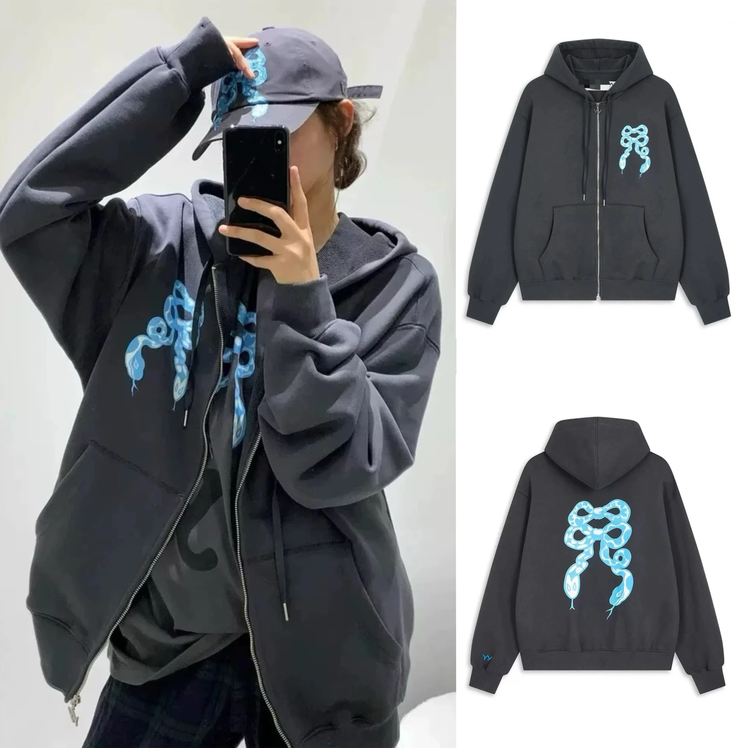 

Limited Edition Snake Year Openyy Hoodie Jaet Knot Print Loose Zipper ex Long Sve Street Sle Cotton Swea...