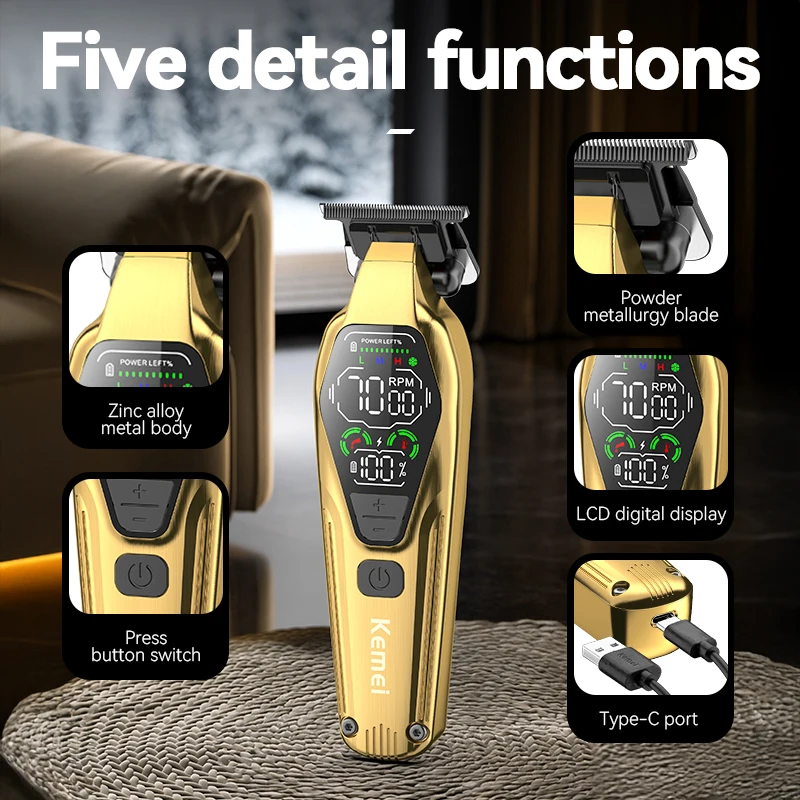 Kemei 1697, электрические машинки для стрижки волос, мужской профессиональный парикмахерский набор, перезаряжаемая беспроводная машинка для стрижки волос типа C, триммер для волос с ЖК-дисплеем
