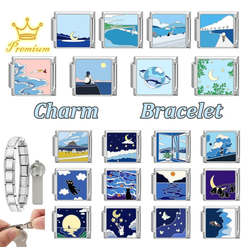 Fashion High Quality Blue Ocean Series Wave Sailing Dolphin Charm Italian Links 9mm Stainless Steel Bracelet Women DIY Jewelry