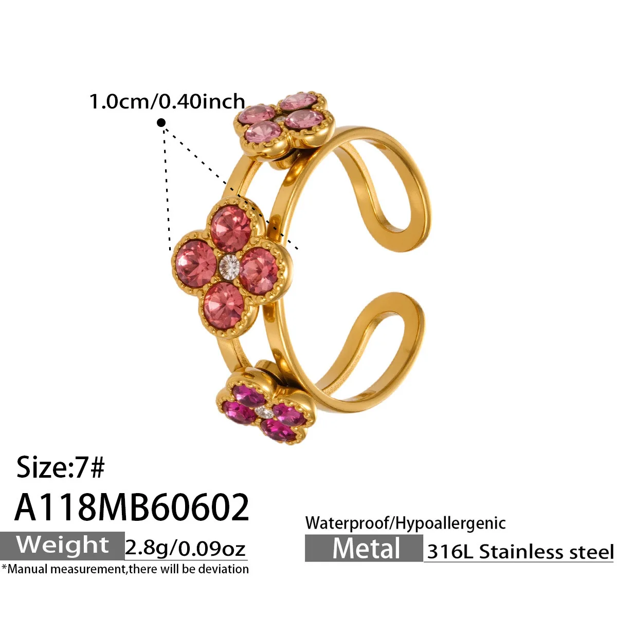 Farbiger Blumen-Zirkon Glücksbringer Vierblättriges Kleeblatt Offener Ring 316L Edelstahlring 18K vergoldet Trendiger Modeschmuck für Damen – Detail 9