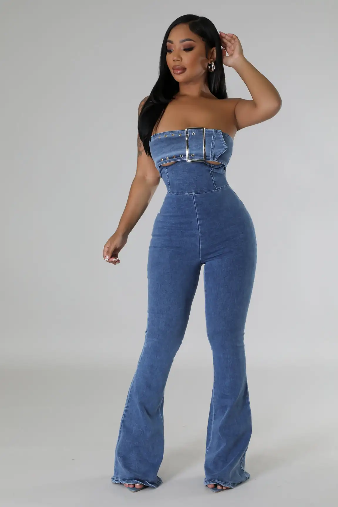 Wide Leg Jeans Stretch Jumpsuit Sexy Women Strapless Elegant Denim Club Romper Overalls