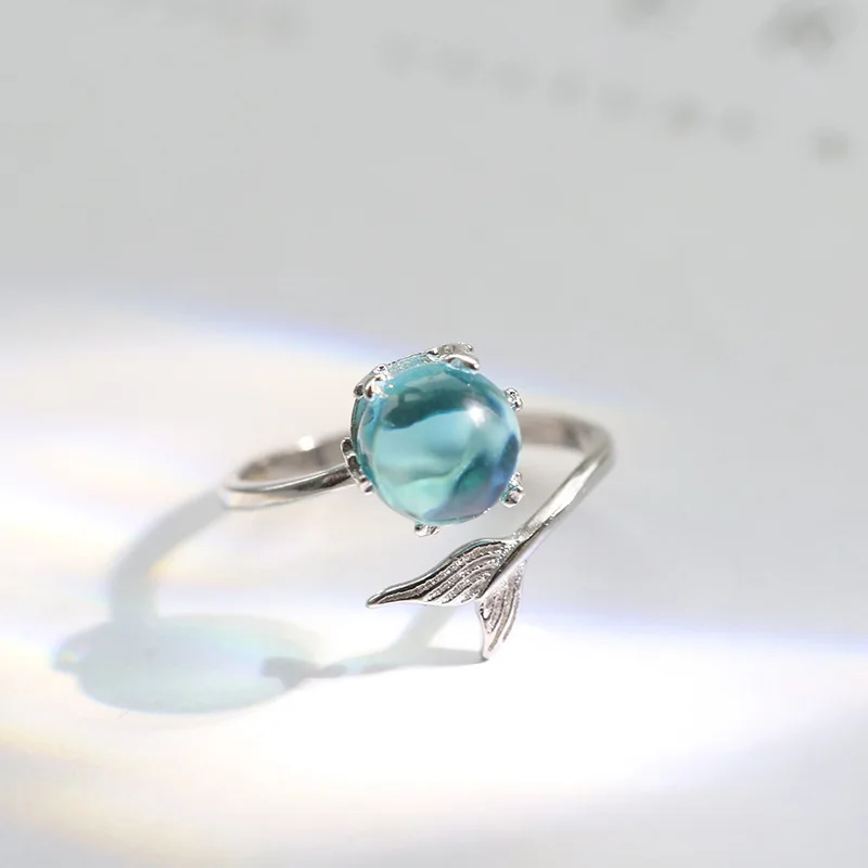 Fashion Blue Mermaid Bubble Fish Tail Ring Silver Plated Adjustable Wrap Rings For Women Girls Jewelry