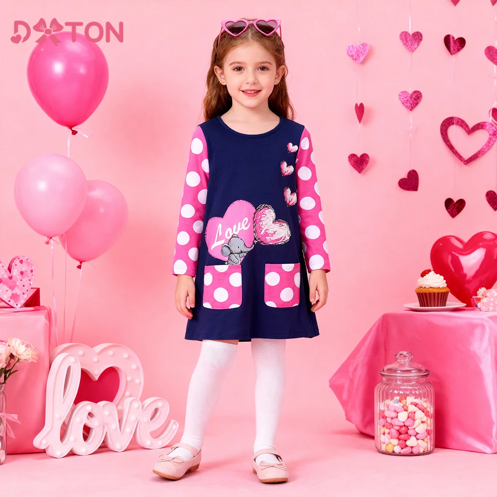 

DXTON Cotton Kids Clothing Polka Dots Long Sleeve Children Casual Dress Pocket Girls Dresses Heart Squirrel Toddler Daily Dress
