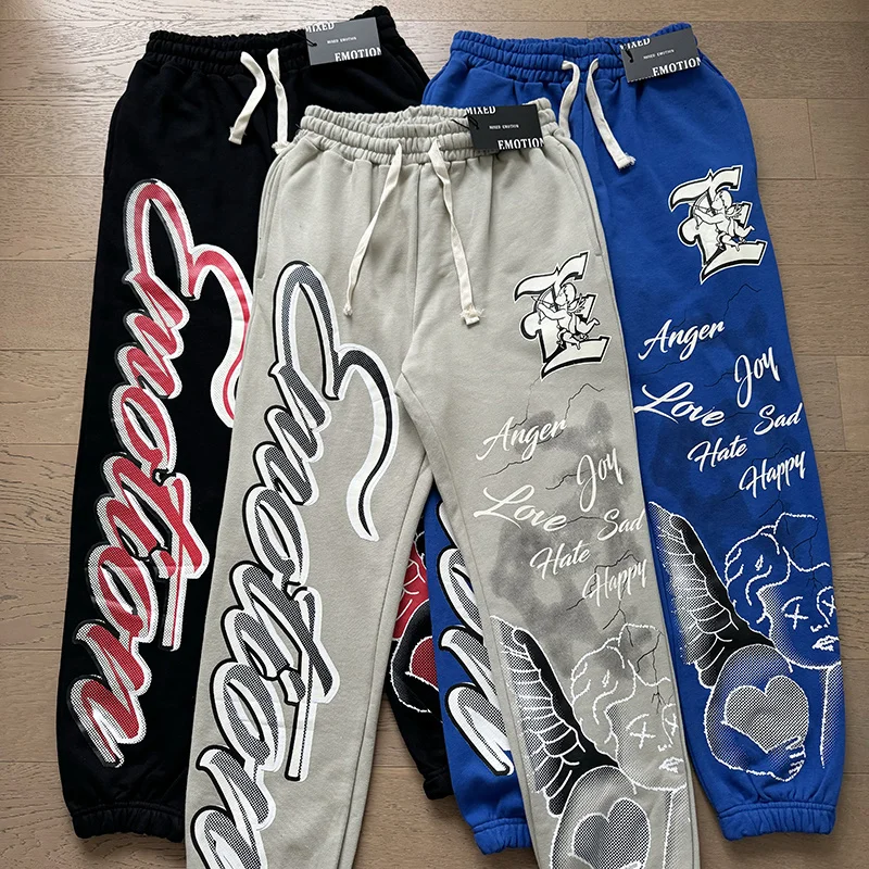 

Брюки Street Angel с граффити, смешанные брюки EMOTION, высококачественные синие, серые, черные винтажные брюки для бега на шнурке