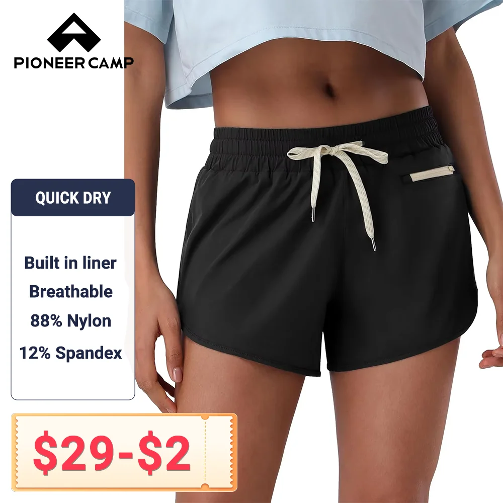 Pioneer Camp Damen-Sportshorts mit Innenhose, 4 Zoll, schnell trocknende Laufshorts, dehnbare Trainingsshorts mit Reißverschlusstasche