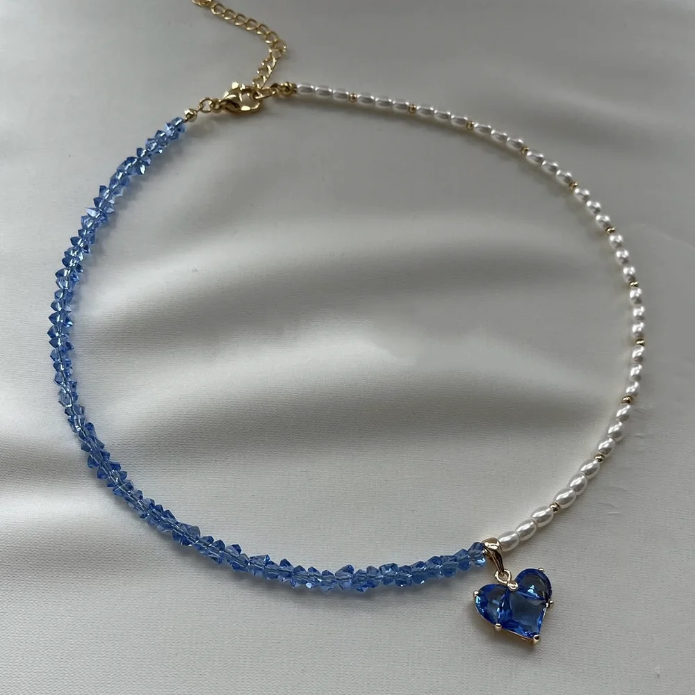Design Exaggerated Irregular Imitate Pearl Chain With Blue Crystal Heart Pendant Necklace for Women Valentine's Gift X0334