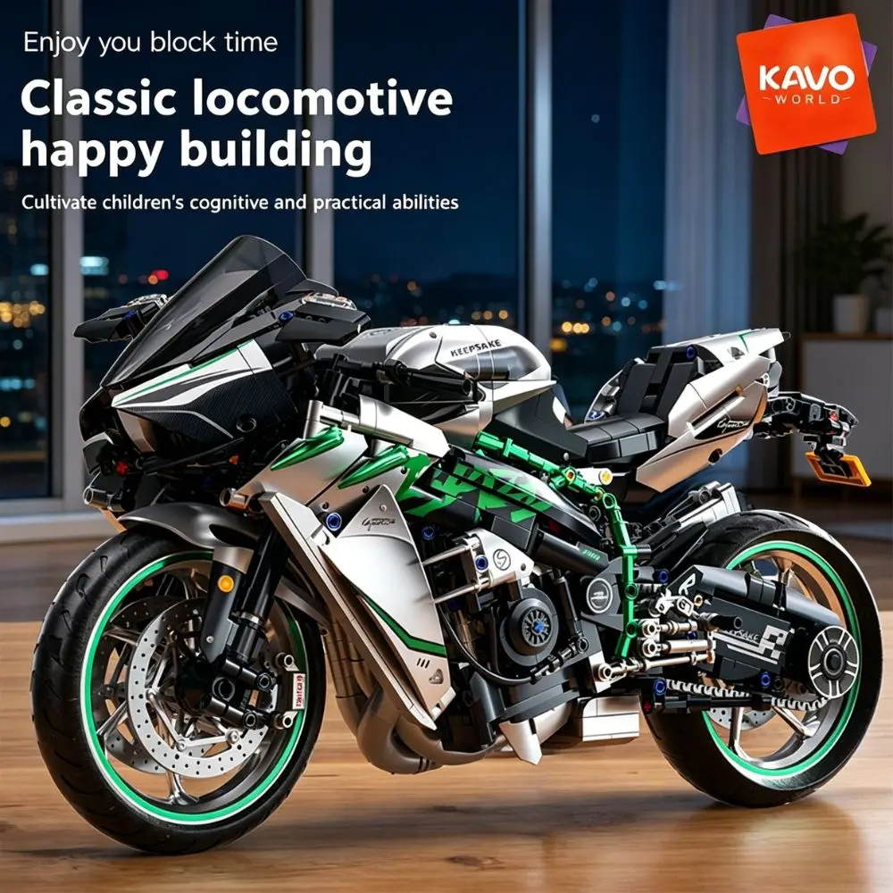 KAVOWORLD 1:5 Classic Locomotive Motorcycle Building Blocks 2248pcs Mechanical Sport Bike Model Kit DIY Motorbike Construction Bricks Set with Steering Front Wheel Rear Spring Suspension & Display Base Christmas Birthday Gift Home Office Desk Decor