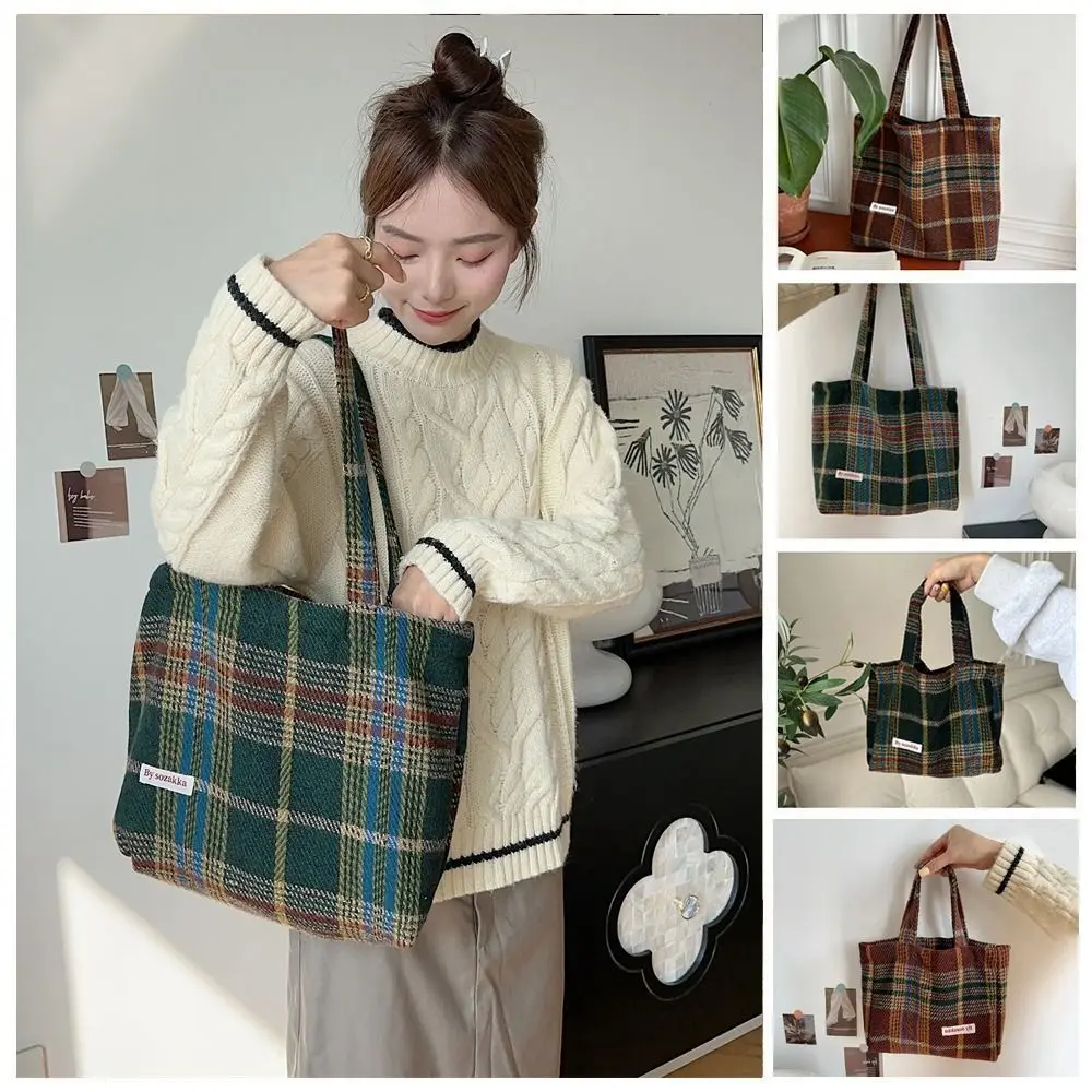 

Large Capacity Tote Bag New Retro Fashion Shopping Bag Autumn Winter Woolen Plaid Handbags Travel