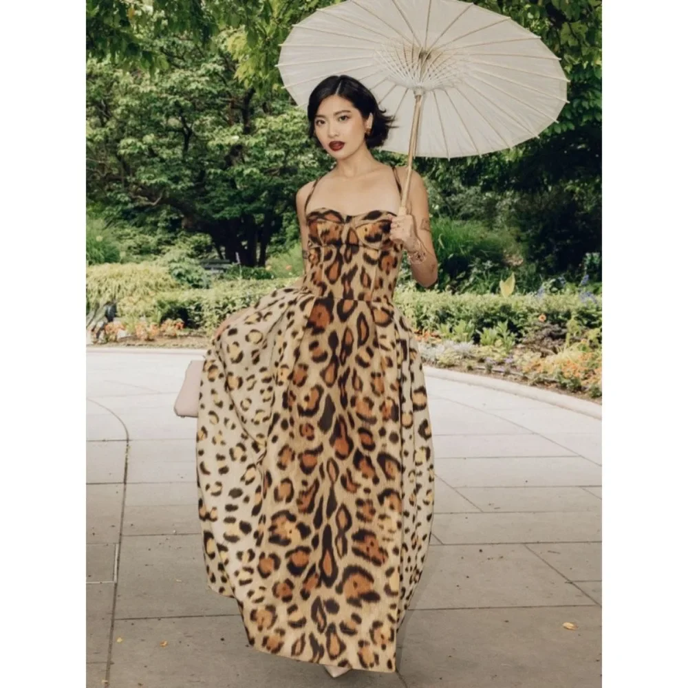 TWOTWINSTYLE Leopard Slimming Dresses for Women Camisole Sleeveless High Waist Temperament Dress Female Fashion