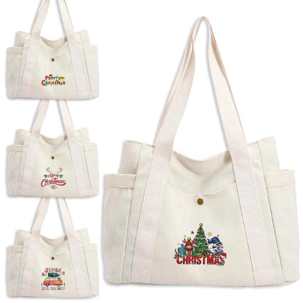 

New Casual Cream Canvas Tote Christmas Pattern with Simple Snap Closure and Comfortable Straps Suitable for All Day Wear Unisex