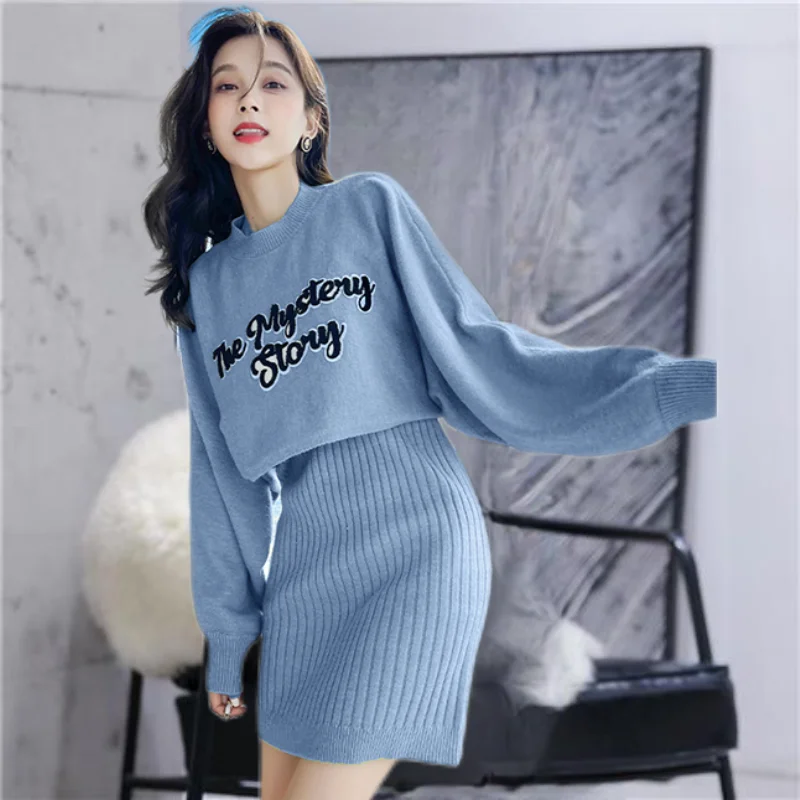 Sweater Matching Sets Spring Autumn Fashion Letter Knit O-Neck Tops Mini Sexy V-Neck Sleeveless Dress 2 Piece Suits 2023 Outfits