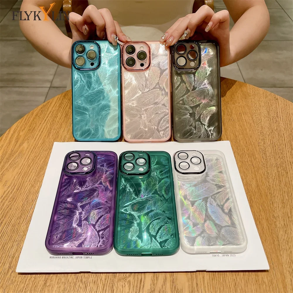 FLYKYLIN Glitter Feather Pattern Sticker Case For Samsung Galaxy A51 A52 A53 A54 A55 A56 A71 A72 A73 Transparent Bump Cover