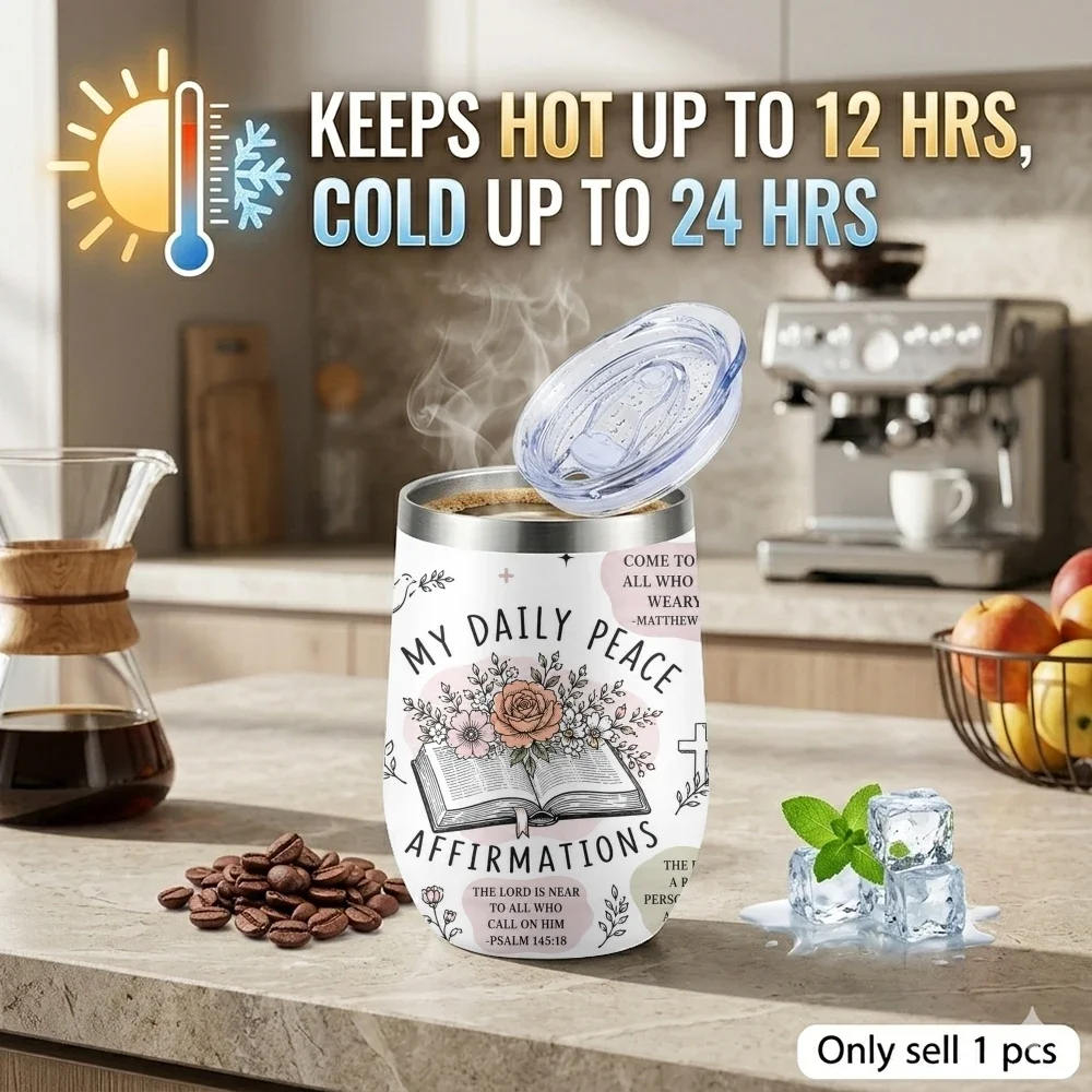 Christian Verse Affirmation  Vacuum Flasks 12oz Eggshell Cup With Lid | Portable Coffee Mug For Travel Home Office Daily Use