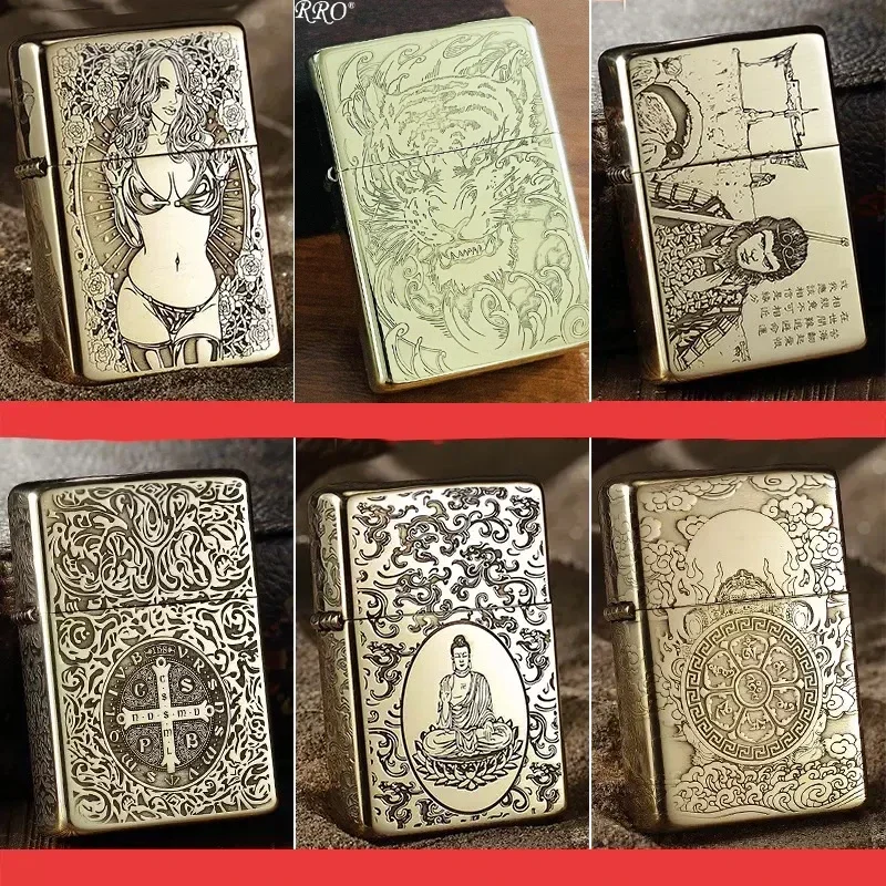 زورو 902 ولاعة زيت منحوتة يدويًا ذهبية الطراز القديم منقوشة بأربعة جوانب متعددة الصور هدية لصديقها الحنين #6