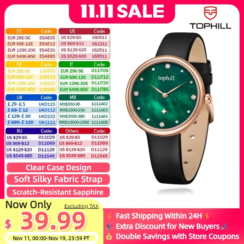 Reloj TOPHILL transparente de cuarzo para mujer, relojes de moda con esfera verde, correa de tela sedosa, regalo de cristal de zafiro 3ATM