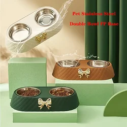 Pet Supplies Bow Tie Cat Food Bowl PP Base Dog Bowl Stainless Steel Double Layer Pet Accessories Feeding and Drinking Double Bow