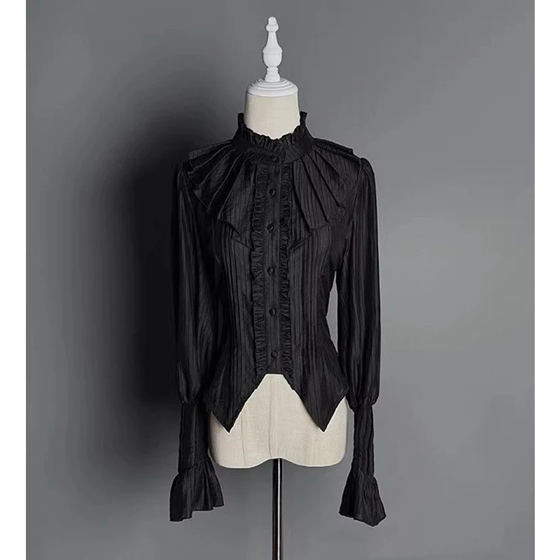 

MEXZT Gothic Vintage Black Shirts Women Japanese Harajuku Ruffles Bandage Blouses Y2K Lolita Cutecore Long Sleeve Design Tops