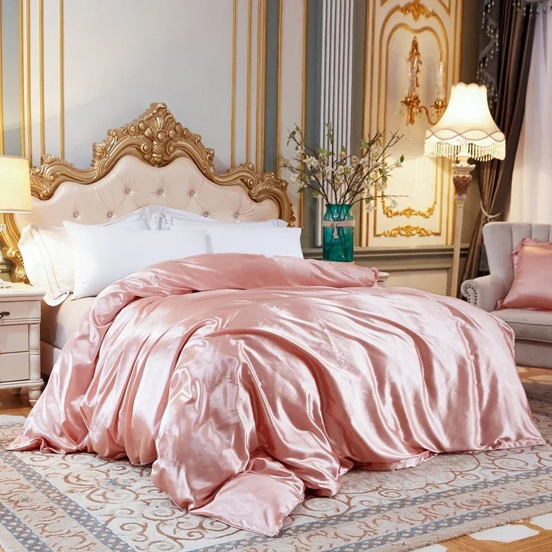 Solid Color Bedding Set with Silk Duvet Cover Bed Sheet Pillowcase Luxury Satin Bedsheet King Queen Double Twin Size