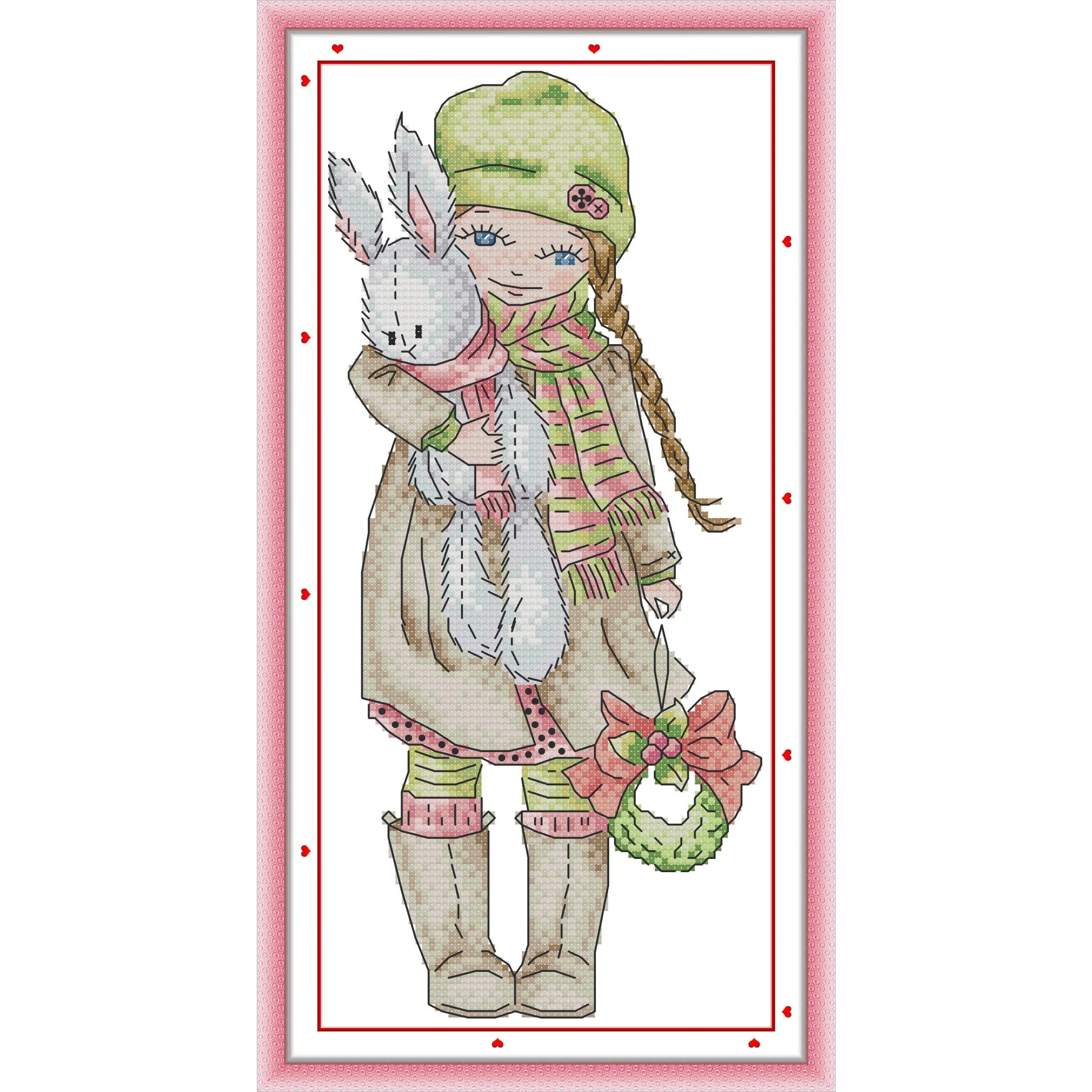 

Joy Sunday Pre-printed Cross Stitch Kit Easy Pattern Aida Stamped Fabric Embroidery Set-The Girl with The Bunny.