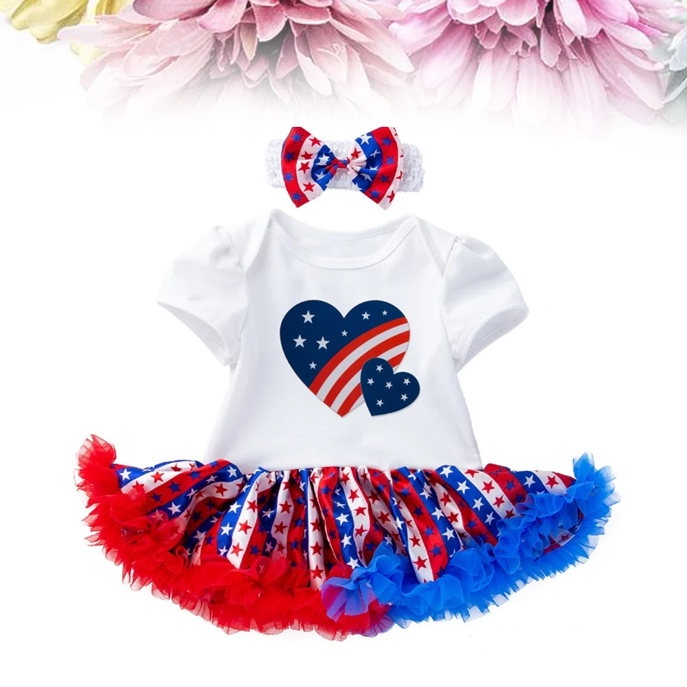 

3pcs Patriotic Short Sleeve Lace Romper Tutu Dress Ruffle Tulle Headband Stars Stripes Hearts 4Th Of July Memorial Day Pageant