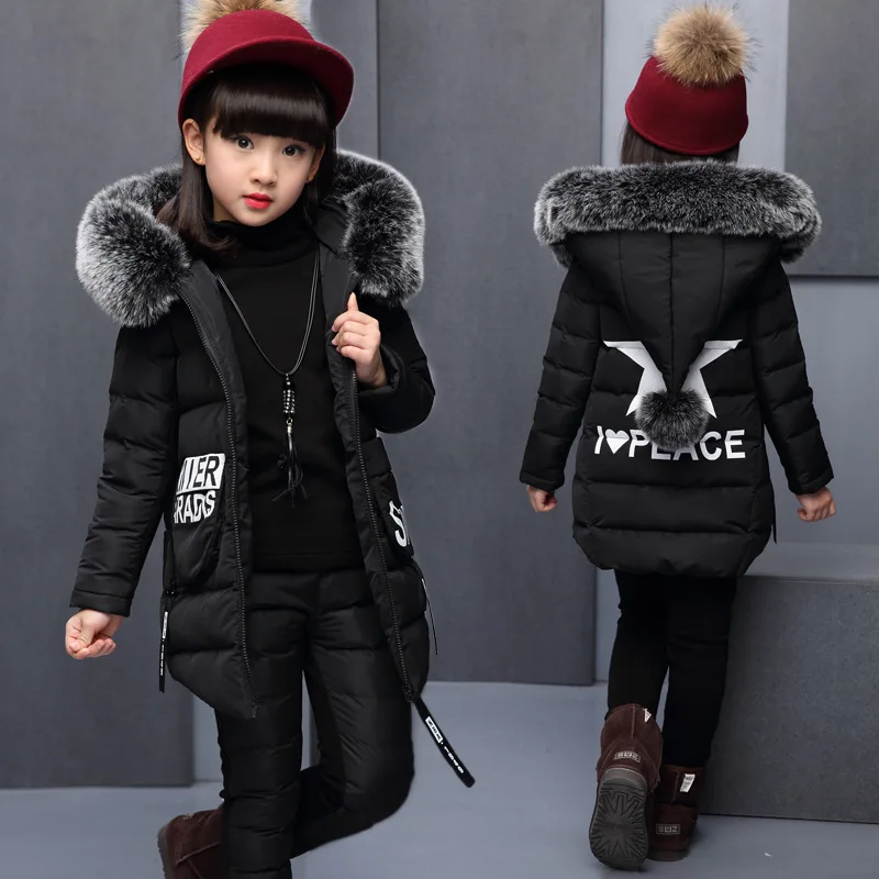 Girl Clothing Sets For Russia Winter Hooded Vest Jacket + Warm Top Cotton Pants 3 Pieces Clothes Coat With Fur Hood