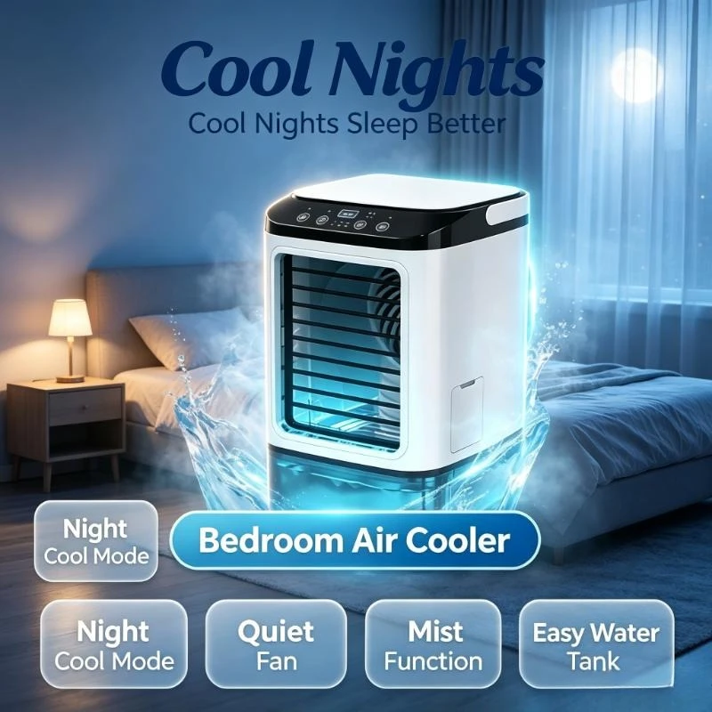 7色ナイトライト付きミニ気化式扇風機、900ml水タンク内蔵、充電式対応、寮での日常冷却や作業用に最適