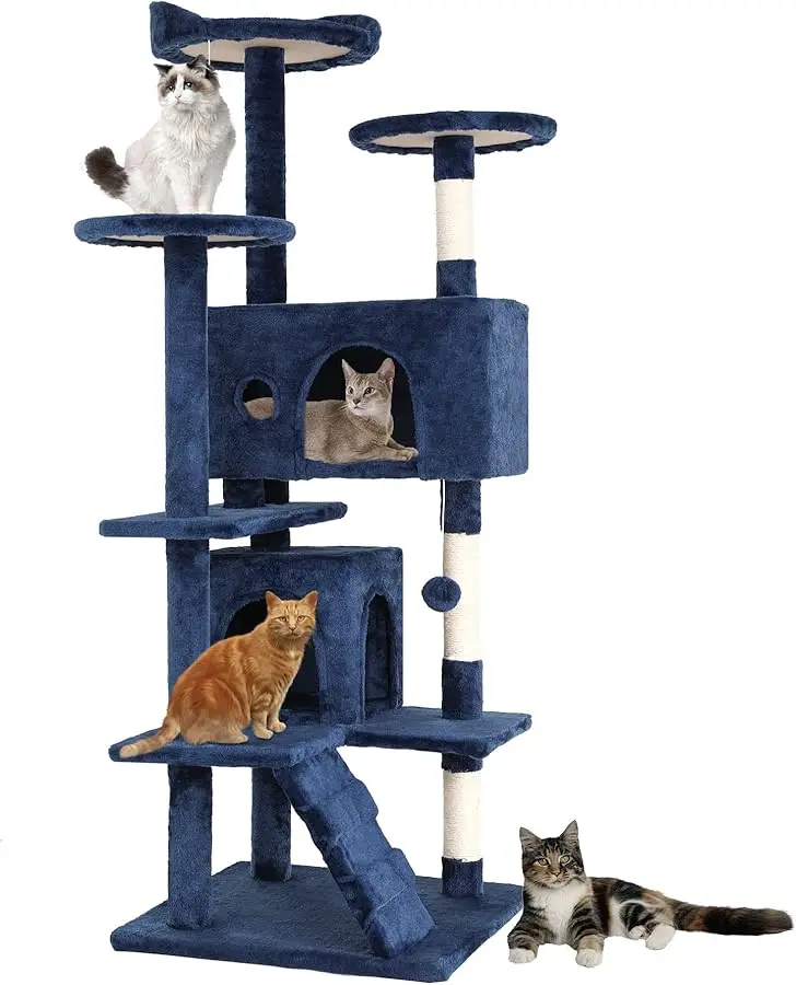 

BestPet | 54" Cat Tree Tower | Navy Blue | Sturdy, Easy to Assemble, Multi-Level Activity Center with Sisal Scratching Posts, Co