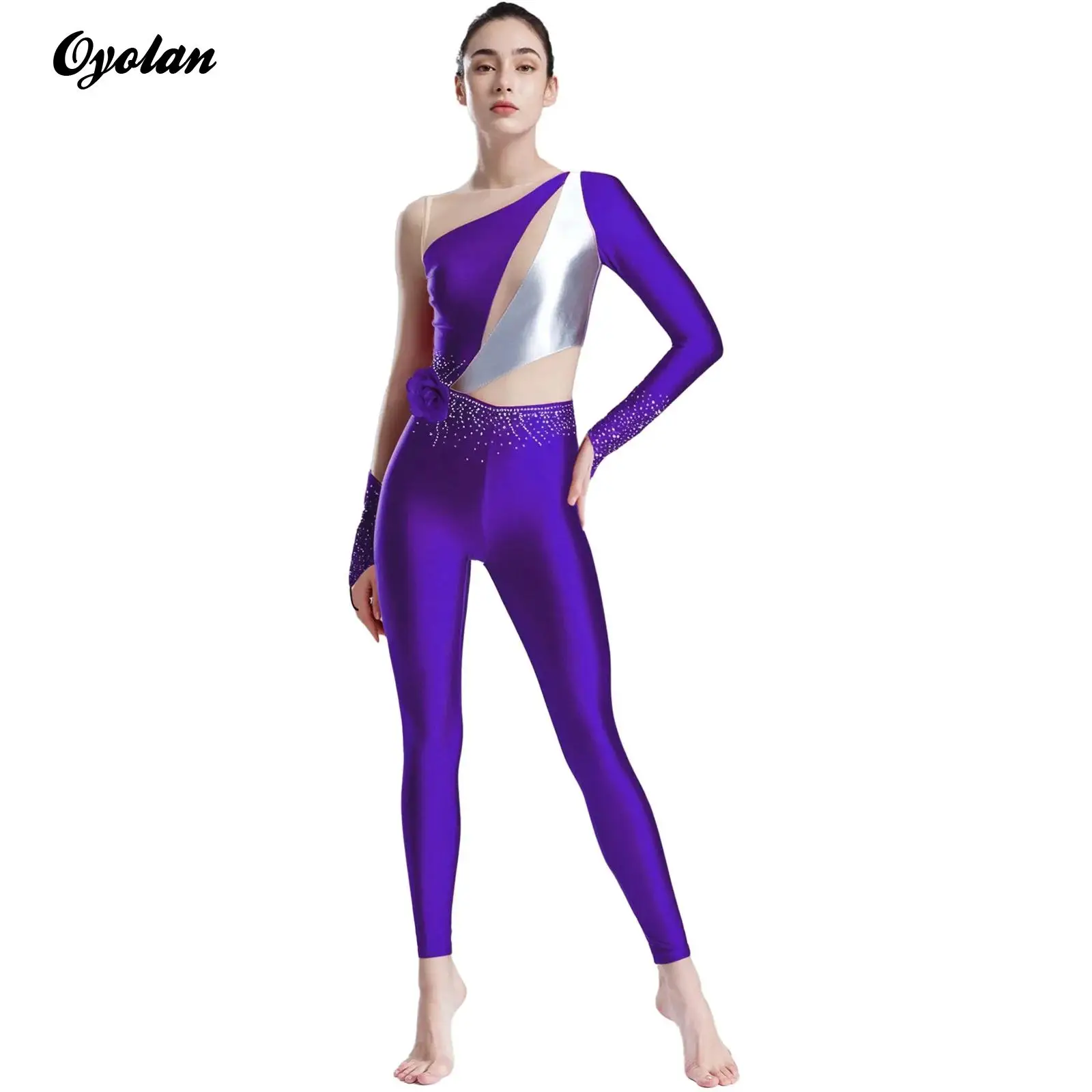 Womens Gymnastiek Maillots Kunstschaatsen Acrobatiek Prestaties Kostuum Metallic Glanzend Glanzend Strass Slanke Rompertjes Jumpsuit