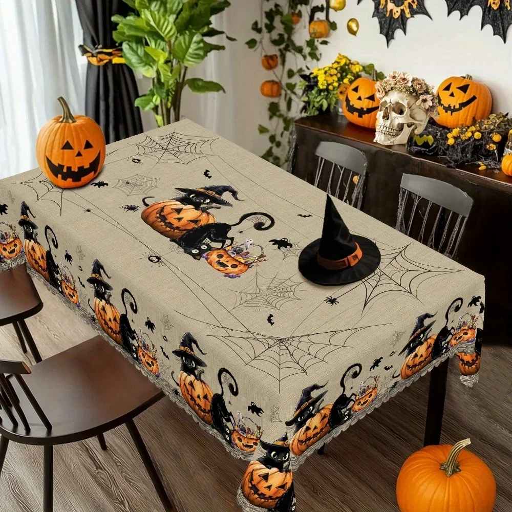 2D flat banner, 1pc Halloween-themed tablecloth with patterns of pumpkins, black cats, ghosts and spider webs.PMJ