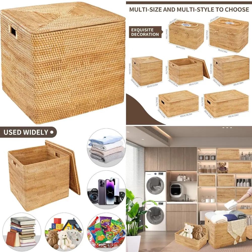 

Rattan Basket With Lid,Large Storage Basket Lidded,Rattan Box For Shelf (12.6 L×12.6W×12.6H)