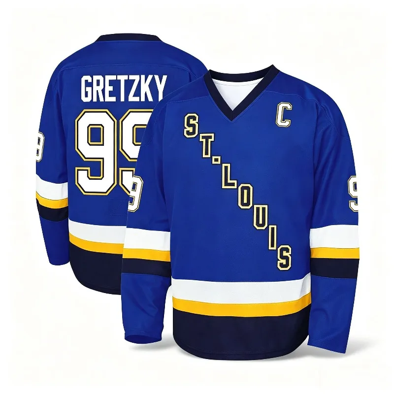 St Louis Inspired Ice Hockey Jersey 3D Print Gretzky 99 Graphic Breathable Quick Dry Long Sleeve Fan Sports Uniform for Family