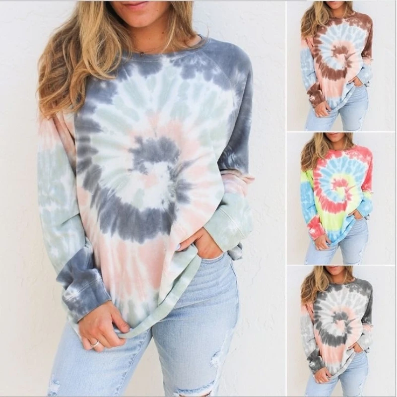 Women Long-sleeved Tie Dye Print Crops Tops INS New Fashion Casual Loose Cotton T-shirts Ladies Tees O-neck Pullover Sweatshirt