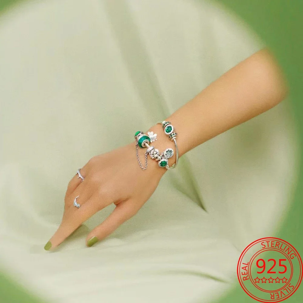 Spring Series Green Pavé Crystal Four-leaf Clover Beads Flowers Pendant Jewel Clip Fit Pandora Bracelet S925 Silver Jewelry Gift