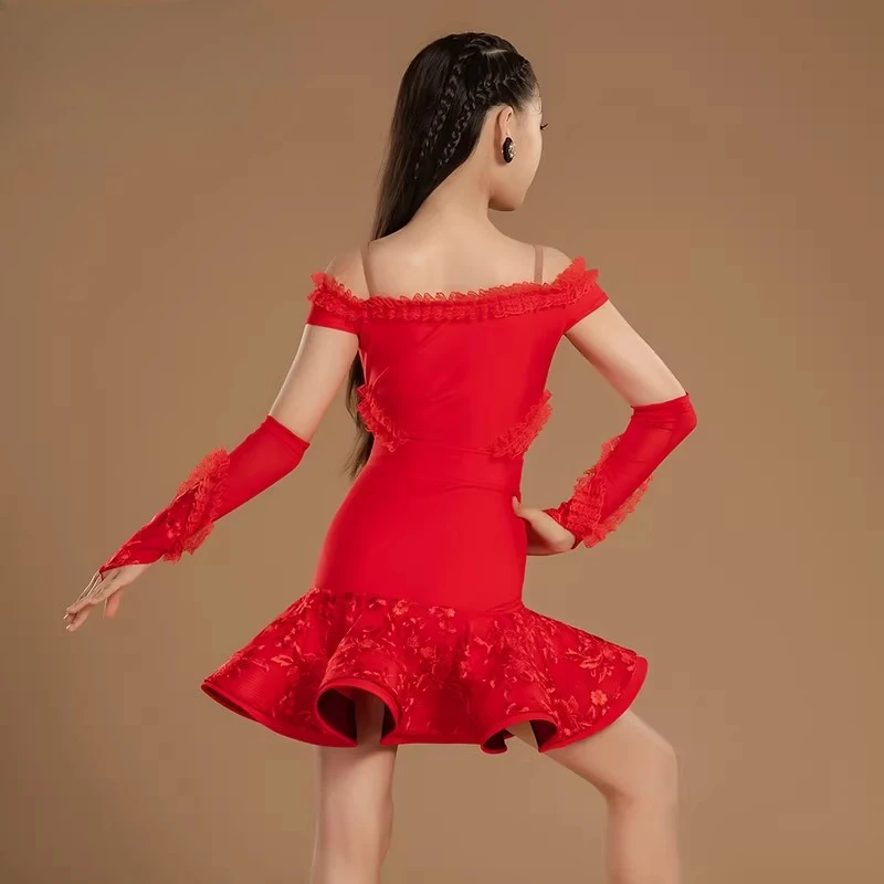 

Новое платье для латиноамериканских танцев для девочек, красное, с открытыми плечами, с бахромой, латинский костюм с перчатками, детское платье для бальных соревнований и выступлений