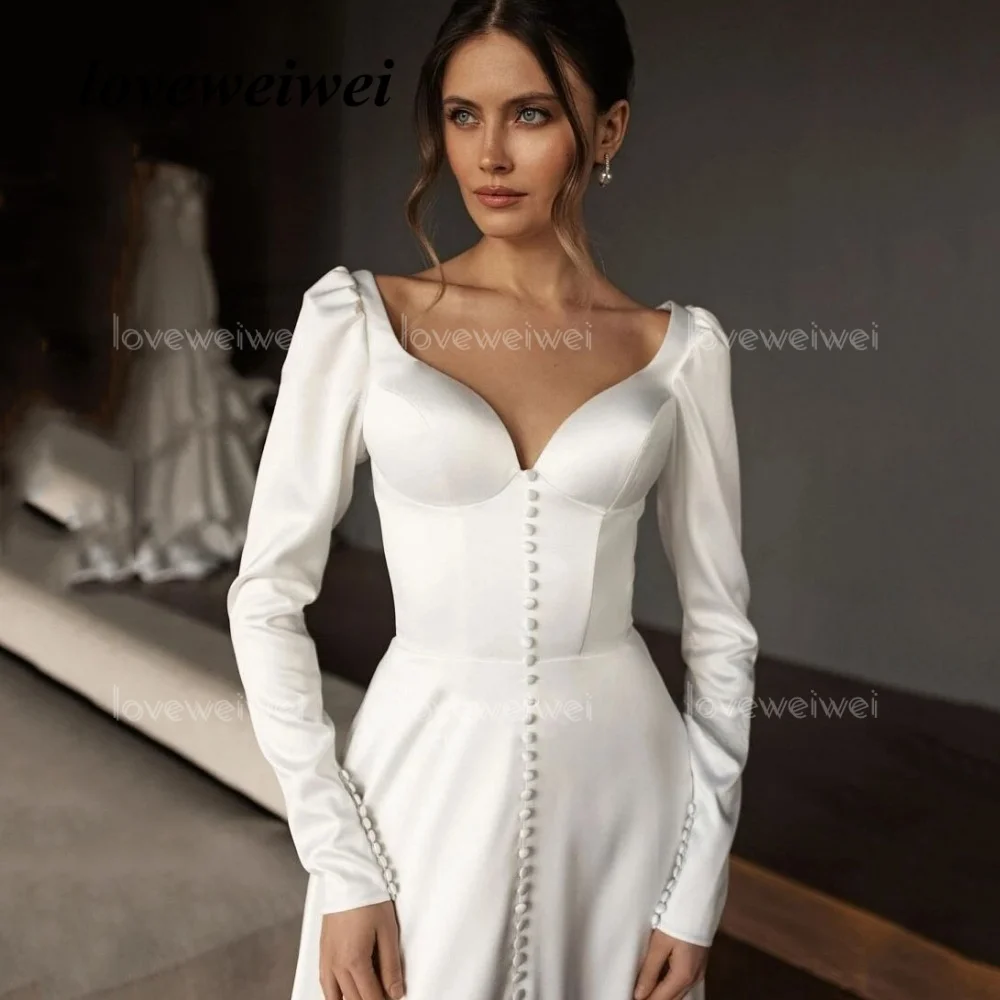 Personalizado simples vestidos de casamento feminino manga longa vestidos de noiva botão elegante uma linha dividir vestido de noiva novia